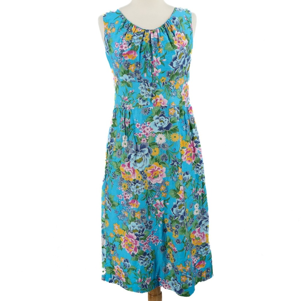 Vintage Paradise Hawaii Midi Dress 12 Fit Flair Pleated Resort Wear 100% Cotton